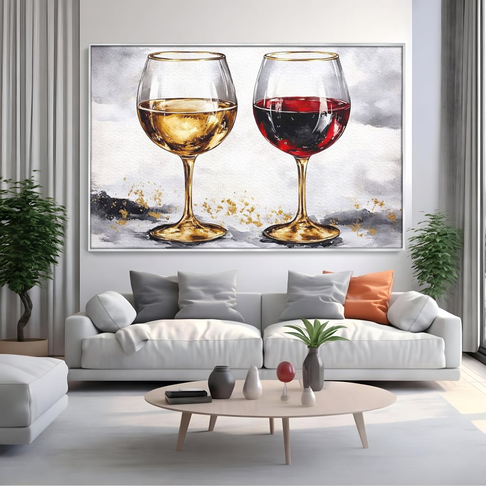 Tablou canvas cu tablou canvas cu doua pahare de vin, in rama de aluminiu argintiu, pe perete intr-un living